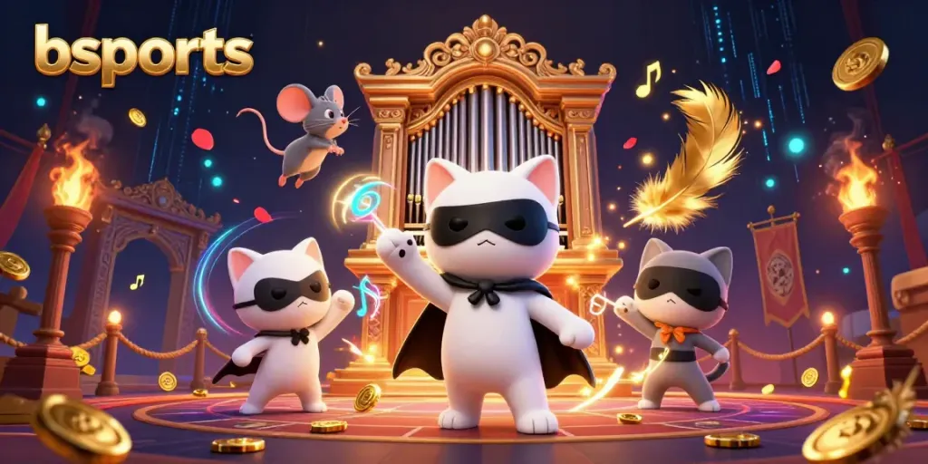 Experience immersive gaming with bsports as the cartoon cat plays at a vibrant casino setting.