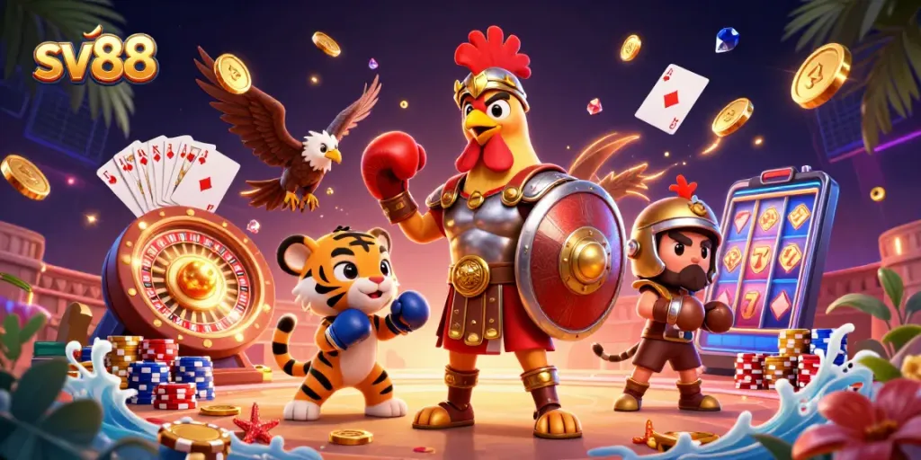 Win big with SV88 - vibrant casino action featuring a rooster gladiator, tiger cub, and dynamic gaming elements.