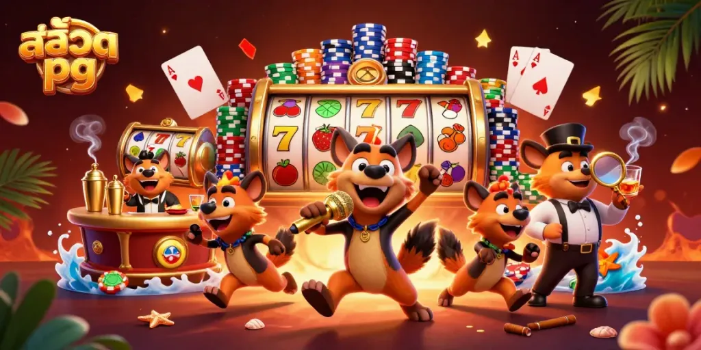 Engage in the fun of สล็อตpg with a 3D illustration of hyenas in a lively casino scene.