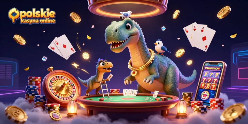 Experience excitement with polskie kasyna online in a vibrant, dynamic casino illustration.