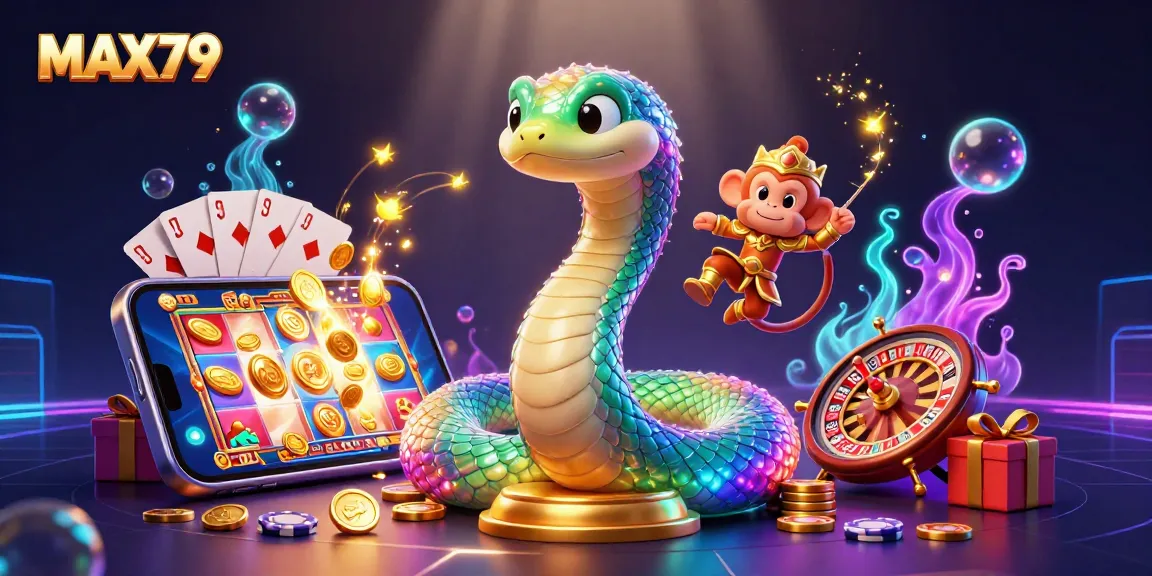 Experience MAX79 with a playful monkey king and vibrant serpent amid dynamic gaming elements.