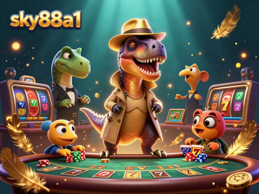 Vibrant 3D illustration of a velociraptor card counter at a blackjack table, capturing the exciting essence of sky88a1 gaming.