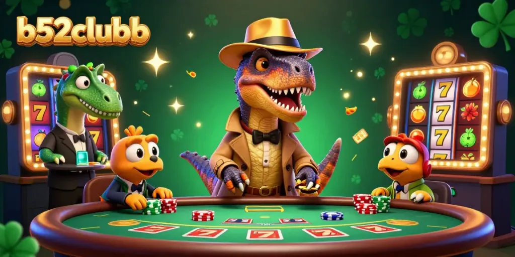 Engage with thrilling gameplay at b52clubb, where a velociraptor sneaks chips while excitement unfolds at a blackjack table.