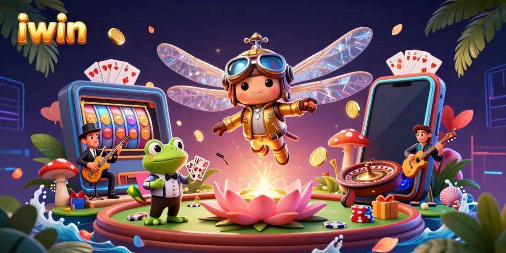 Experience exciting games with iwin in this vibrant casino scene featuring fun characters and elements.
