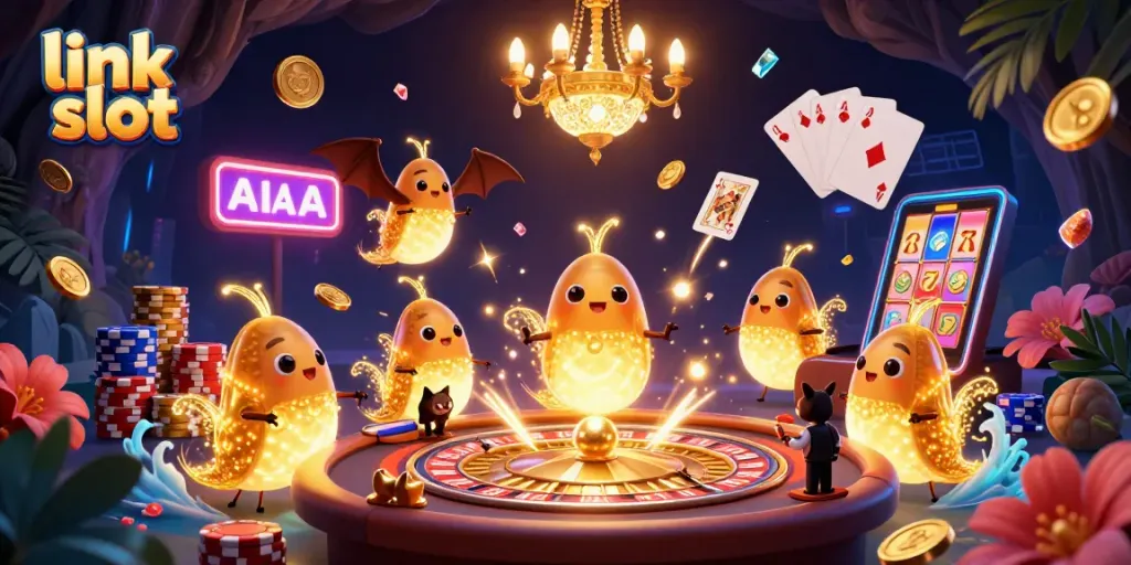 Experience excitement with link slot in a vibrant 3D casino setting filled with animated characters and dynamic game elements.