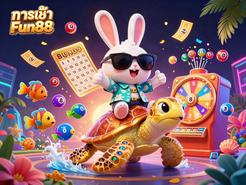 Join the fun at ทางเข้า Fun88 with a vibrant scene of a rabbit and turtle amidst casino elements.