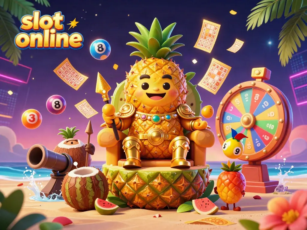 Engage with slot online as golden pineapple king presides over a vibrant beach casino, surrounded by dynamic game elements.