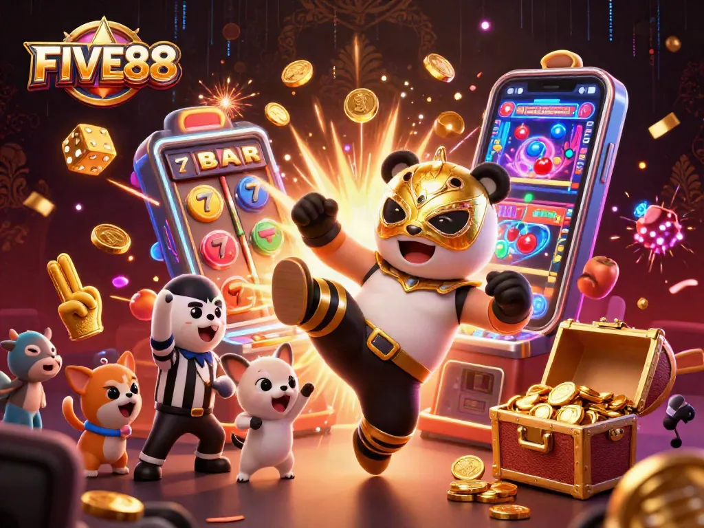 Experience the excitement of FIVE88 with a vibrant 3D illustration featuring dynamic casino elements and playful characters.
