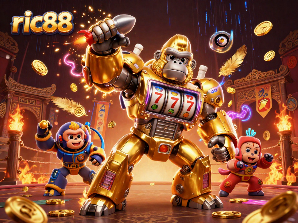 Experience exciting gameplay at ric88 with a golden gorilla mech and slot elements in a vibrant casino scene.