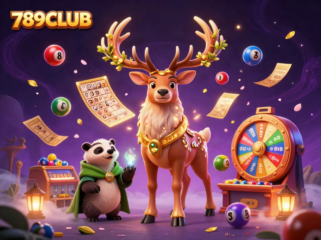 Capture the excitement of 789CLUB as colorful lottery balls bounce around a Celtic druid and a wise badger.