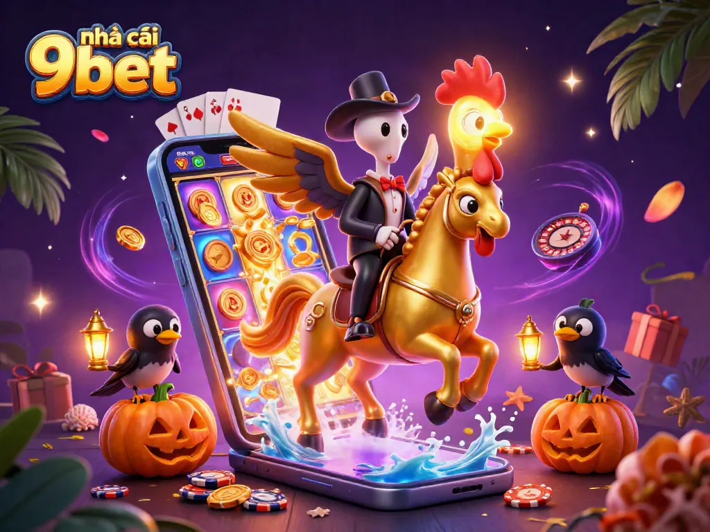 Engaging visual of nhà cái 9bet showcasing vibrant gaming elements with a golden rooster and dynamic casino activities.