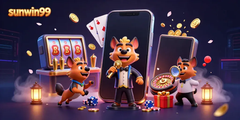 Engage with sunwin99's vibrant casino scene featuring fun hyenas, exciting games, and golden coins.