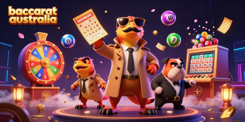 Experience baccarat australia with charming cartoon raptors in a bustling casino scene.