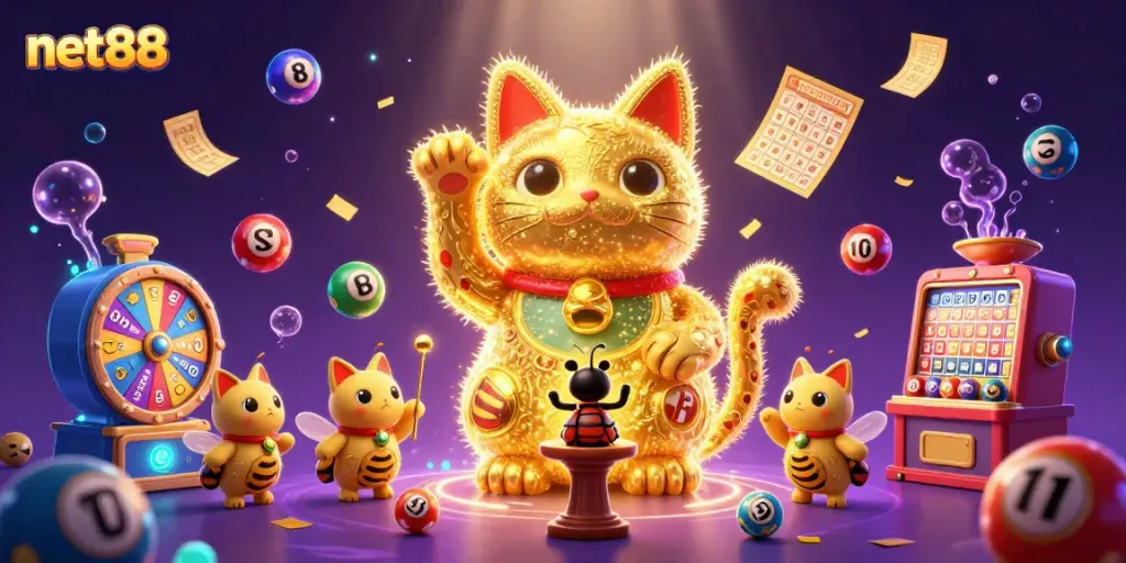 Experience dazzling gaming moments with net88 as dynamic fireflies create a lucky cat in a vibrant casino scene.