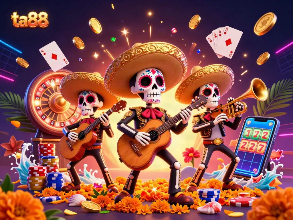 Experience the thrill of ta88 online casino with vibrant mariachi skeletons amidst dynamic gambling elements.