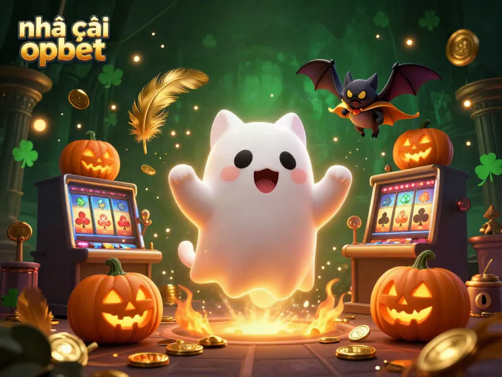 Engage with the captivating scene at nhà cái oxbet, featuring a playful ghost cat amidst glowing poker-themed imagery.