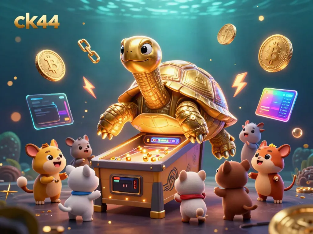 Engage in thrilling gameplay with ck44's unique casino elements, featuring a tortoise pinball game and floating crypto coins.