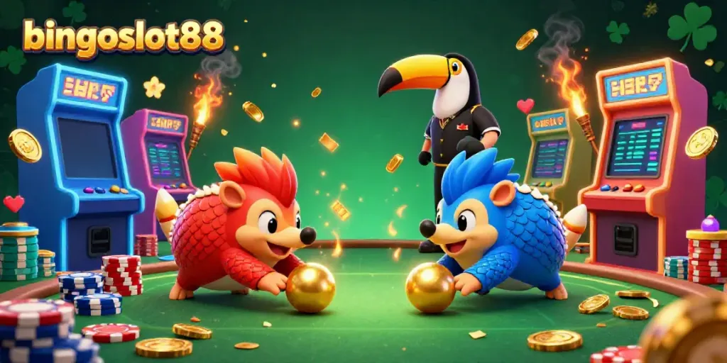 Bermain bingo yang seru di bingoslot88 dengan pangolin yang berwarna-warni, chip poker, dan elemen permainan menarik.
