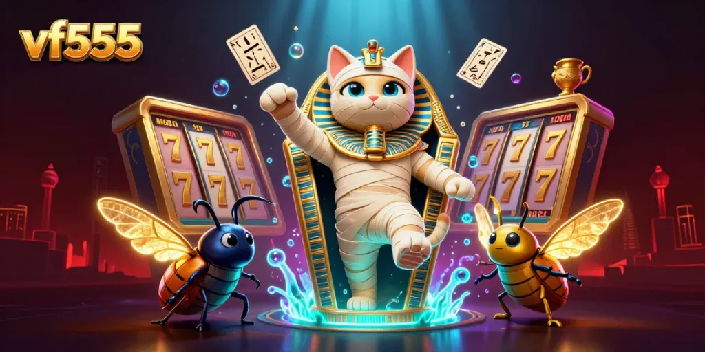 Engage with vf555's thrilling atmosphere, featuring a mummy cat and glowing scarab in a pyramid casino
