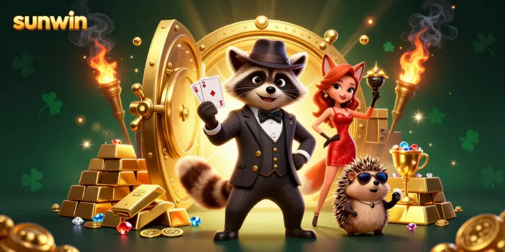 Play thrilling games with sunwin, where a charming raccoon and fox celebrate big wins amid sparkling treasures.