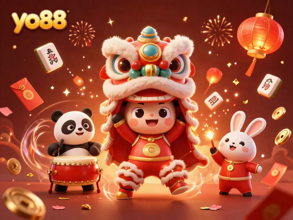Experience the vibrant celebration of yo88 with a 3D lion dance, pandas, and glowing casino elements.